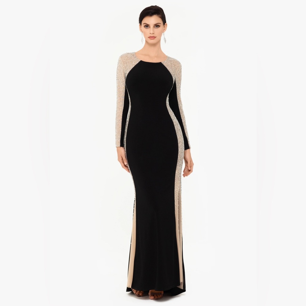 The "Sarah" Long Jersey Knit Dress 
Fully lined Black, Beaded Caviar sleeves